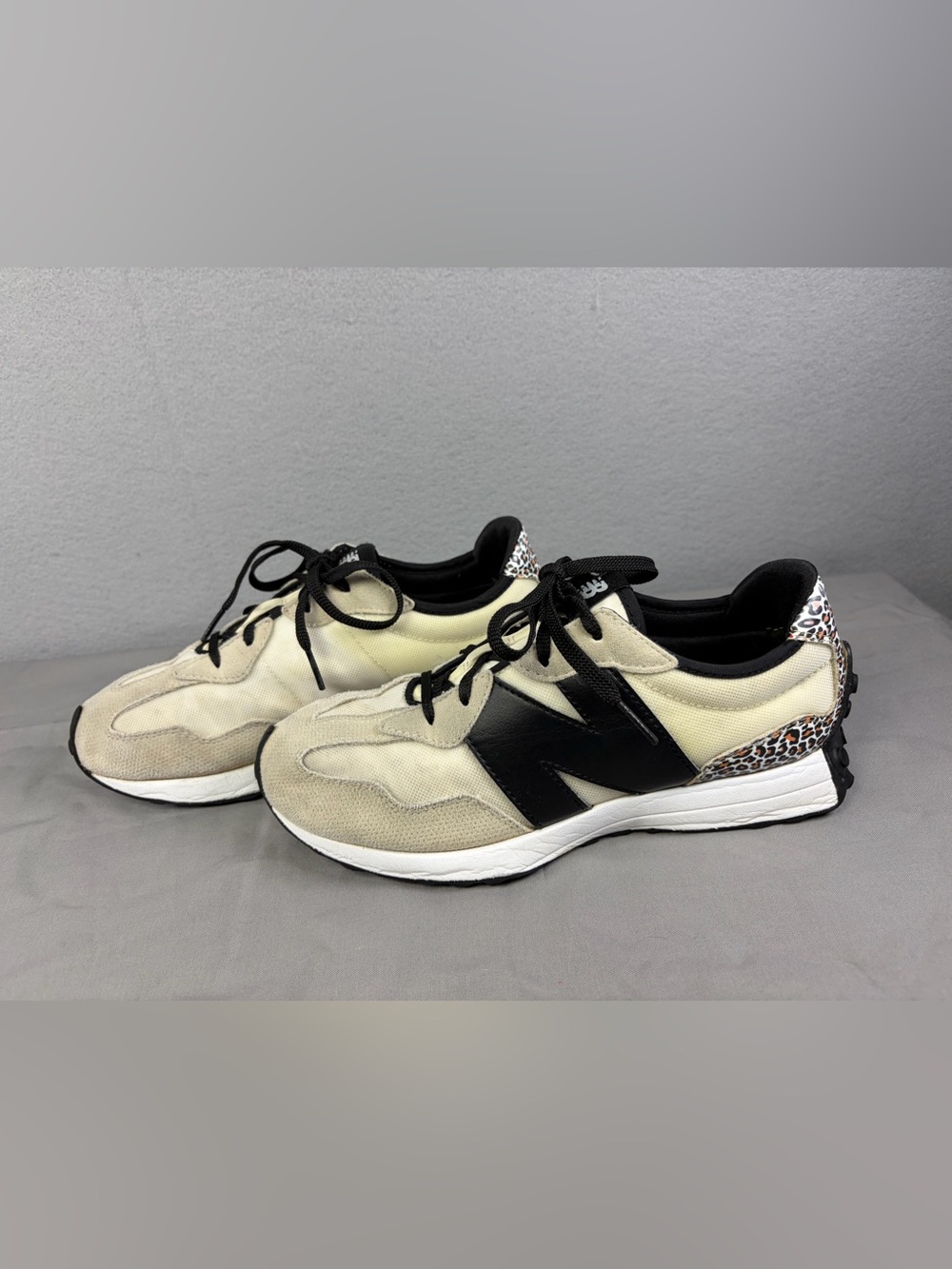 New Balance Cream and Black Women's Athletic Sneakers with Leopard Heel